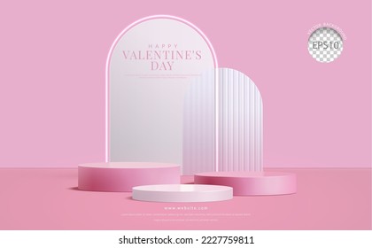 Valentine's day background. three step pink podium on backdrop frosted glass, for product display, 3d Realistic vector illustration