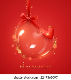 Valentines day background. Transparent glass heart hanging on red ribbon, falling gold glitter confetti. Realistic 3d design decorations. Holiday ornament glass heart empty inside. vector illustration