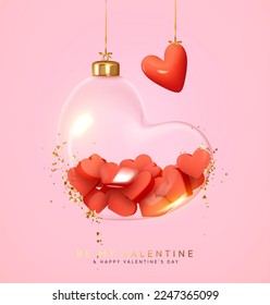 Valentines day background. Transparent glass heart hanging on golden ribbon, falling gold glitter confetti. Realistic 3d design decorations. Holiday ornament glass heart. vector illustration