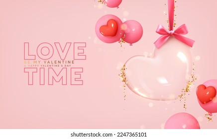 Valentines day background. Transparent glass heart hanging on red ribbon, falling gold glitter confetti. Realistic 3d design decorations. Holiday ornament glass heart empty inside. vector illustration