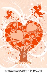 Valentines Day background with Tree and Cupid, element for design, vector illustration