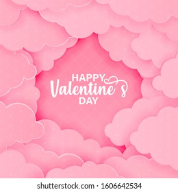 Valentines day background in trendy paper cut style. Paper clouds and realistic. Template Valentines day banner, text