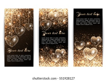 Valentines Day background with twinkle lights. Gold bokeh on a dark backdrop.
A set of vertical banners in a romantic style with hearts.