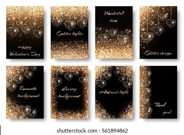 Valentines Day Background With Twinkle Lights. Golden Dust Particles On A Black Backdrop. Design To Celebrate Marriage Invitation Card