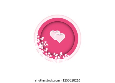 Valentines day background, two big pink heart shape, and love tree with white heart shape leaves with greeting. Pink and white paper cut design