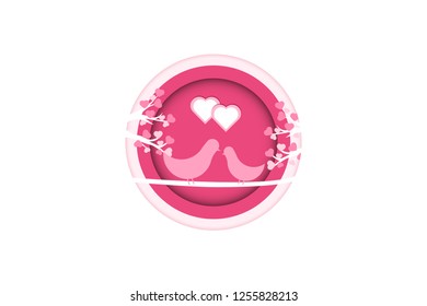 Valentines day background, two couple bird kissing in the branch of love tree with white heart shape leaves with greeting. Pink and white paper cut design