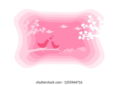 Valentines day background, two couple bird kissing in the branch of love tree with white heart shape leaf. Pink and white paper cut depth design
