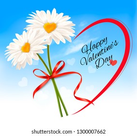 Valentine's Day background Two daisies with heart shaped middles and red ribbon. Vector.