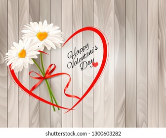 Valentine's Day background Two daisies with heart shaped middles on wooden background. Vector.