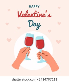 Valentine's day background. Two hands with wineglasses.