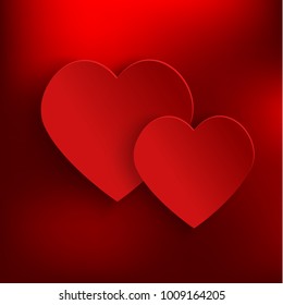 Valentines Day Background with two red paper hearts on red background 3d. Vector design for your cards, flyers, brochures, posters, banners, invitation cards etc. Vector holiday design