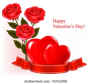 Antecedentes del día de San Valentín. Dos rosas rojas con dos corazones colgando de la cinta. Ilustración vectorial.