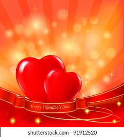 Valentine`s day background. Two red hearts hanging on ribbon. Vector illustration.