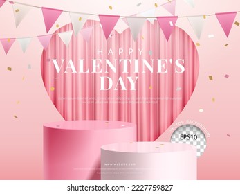 Valentine's day background. two step pink podium on curtain background., for product display, 3d Realistic vector illustration