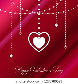 Valentines Day background with two white hearts and decorations. Happy Valentine's Day template. Vector illustration.