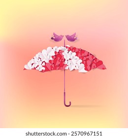 Valentine's Day background with umbrellas and decorations of love signs and birds