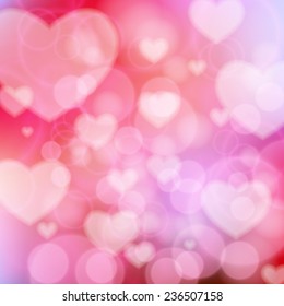 Valentine's day background. Vector background with beautiful pink hearts. Abstract holiday background, beautiful shiny lights, glowing magic bokeh.