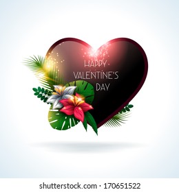 Valentine`s day background. Vector illustration. Fashionable black heart with natural elements: flowers and leaves. Love symbol. Lights and sparkles. Sunlight.