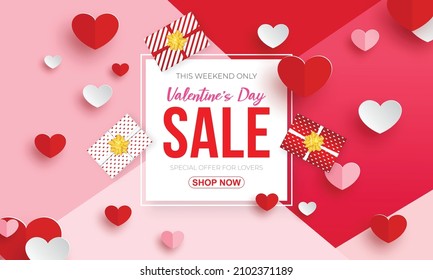 Valentine's day background vector illustration red and pink paper hearts with white square frame and gift box cute love sale banner or greeting card 