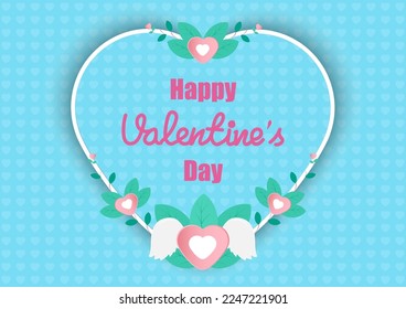 valentines day background with vector illustration pink heart shaped paper with cupid wings and fresh green leaves decorate Heart frame on a light blue heart pattern background. Flyer, invitation, pos