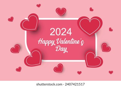 Antecedentes del día de San Valentín. Ilustración vectorial. 3.ᵉʳ corazón de papel rojo con marco cuadrado rosado