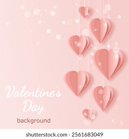Valentine's Day background. vector illustration with hanging paper cut layered hearts and lights on a pink gradient backdrop. elegant composition for card, greeting, invitation, banner with copy space