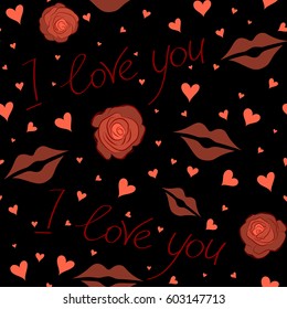 Valentines day background. Vector illustration. Seamless vector Saint Valentines Pattern in red, orange and brown colors on a black background.