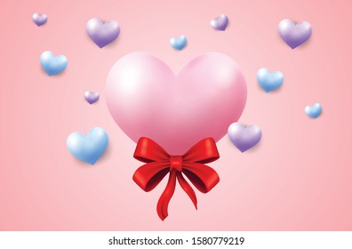 Valentine's Day background, Vector illustrations with realistic hearts and ribbons on a pink background. Greeting cards. Copy space text area, Vector illustration 