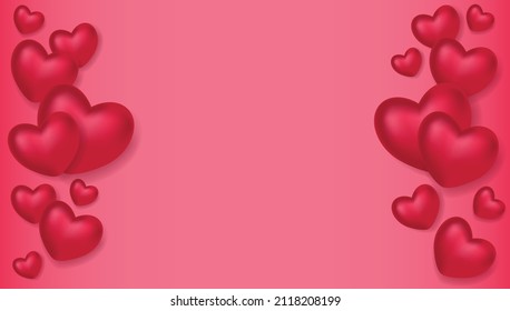 Valentines day background, vector illustrations. Valentines day hearts, banner with copy space. 3d hearts on red background, greeting card.