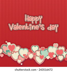 Valentine's day background. Vector red background with many color hearts and text at retro style