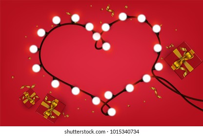 Valentine`s Day background. Vector retro light sign. Heart shape.