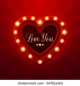 Valentine`s Day background. Vector retro light sign. Heart shape.