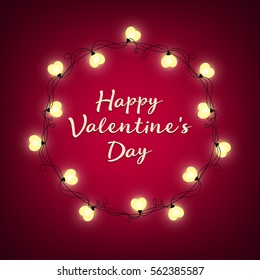 Valentines Day background. Vector retro light sign. Heart shape. Decorative festive heart-shaped bulbs lights wreath. Holiday garland