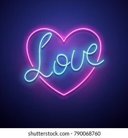 Valentines Day background. Vector retro neon sign. 