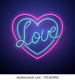 Valentines Day background. Vector retro neon sign. 