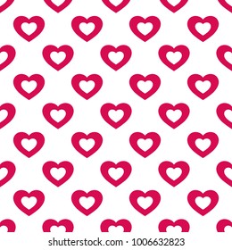 Valentines day background. Vector seamless pattern with red hollow hearts on white backdrop. Abstract geometric texture, repeat tiles. Love romantic theme. Design for decoration, gift paper, textile