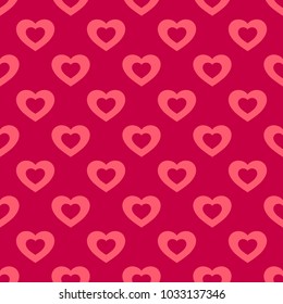 Valentines day background. Vector seamless pattern with hearts on red backdrop. Abstract geometric texture, repeat tiles. Love romantic theme. Design for decoration, gift paper, textile, fabric, cloth