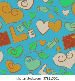 Valentines day background. Vector seamless Valentine pattern with different hearts and rose flower. Abstract background in brown, green and yellow colors.