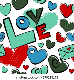 Valentines day background. It is vector seamless pattern hearts, love text and love letter in green, red and blue colors. On a white background for valentine day.