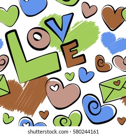 Valentines day background. It is vector seamless pattern hearts, love text and love letter in brown and green colors. On a white background for valentine day.
