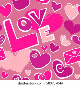 Valentines day background. Vector seamless Valentine pattern with different hearts. Abstract background in pink and magenta colors.