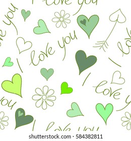 Valentines day background. Vector seamless Valentine pattern with different hearts. Abstract background in green colors on a white.