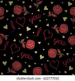 Valentines day background. It is vector seamless pattern hearts, love text in yellow and red colors. On a black background for valentine day.
