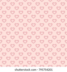 Valentines day background. Vector seamless pattern with pink hollow hearts on pastel backdrop. Abstract geometric texture, repeat tiles. Love romantic theme. Design for decoration, gift paper, textile