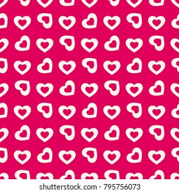 Valentines day background. Vector seamless pattern with beige rotated hollow hearts on red backdrop. Abstract geometric texture, repeat tiles. Love romantic theme. Design for decoration, gift paper