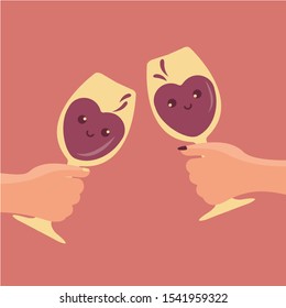 valentines day background vintage creative. cheers cartoon vector isolated. sweet & cute face. date dating flat design. people & couple in love concept.hands clinking holding two wine red glass heart