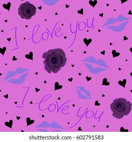 Valentines day background in violet and black colors. Abstract love seamless pattern. Vector heart, rose flower, love letter and text seamless pattern.
