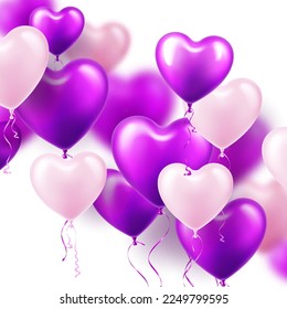 Antecedentes del Día de San Valentín con globos de corazón violeta. Plantilla de tarjeta de invitación de boda, cartel de amor. Tarjetas de felicitación del Día de la Madre. Hermosa pancarta romántica. Ilustración del vector