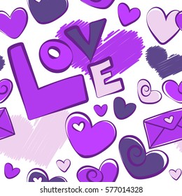 Valentines Day background in violet and purple colors. Vector hearts, love letter and love text on a white background. Pattern with hearts.