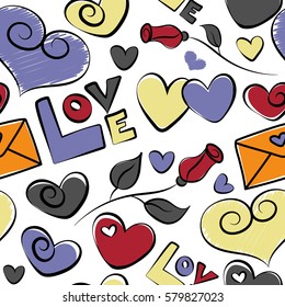 Valentines Day background in violet, red and orange colors. Vector hearts, flower, love letter and love text on a white background. Pattern with hearts.